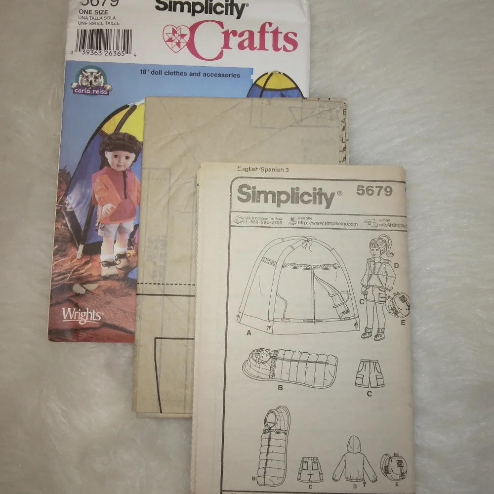 SIMPLICITY 5679 American Girl Doll sized tent sleeping bag backpack coat…